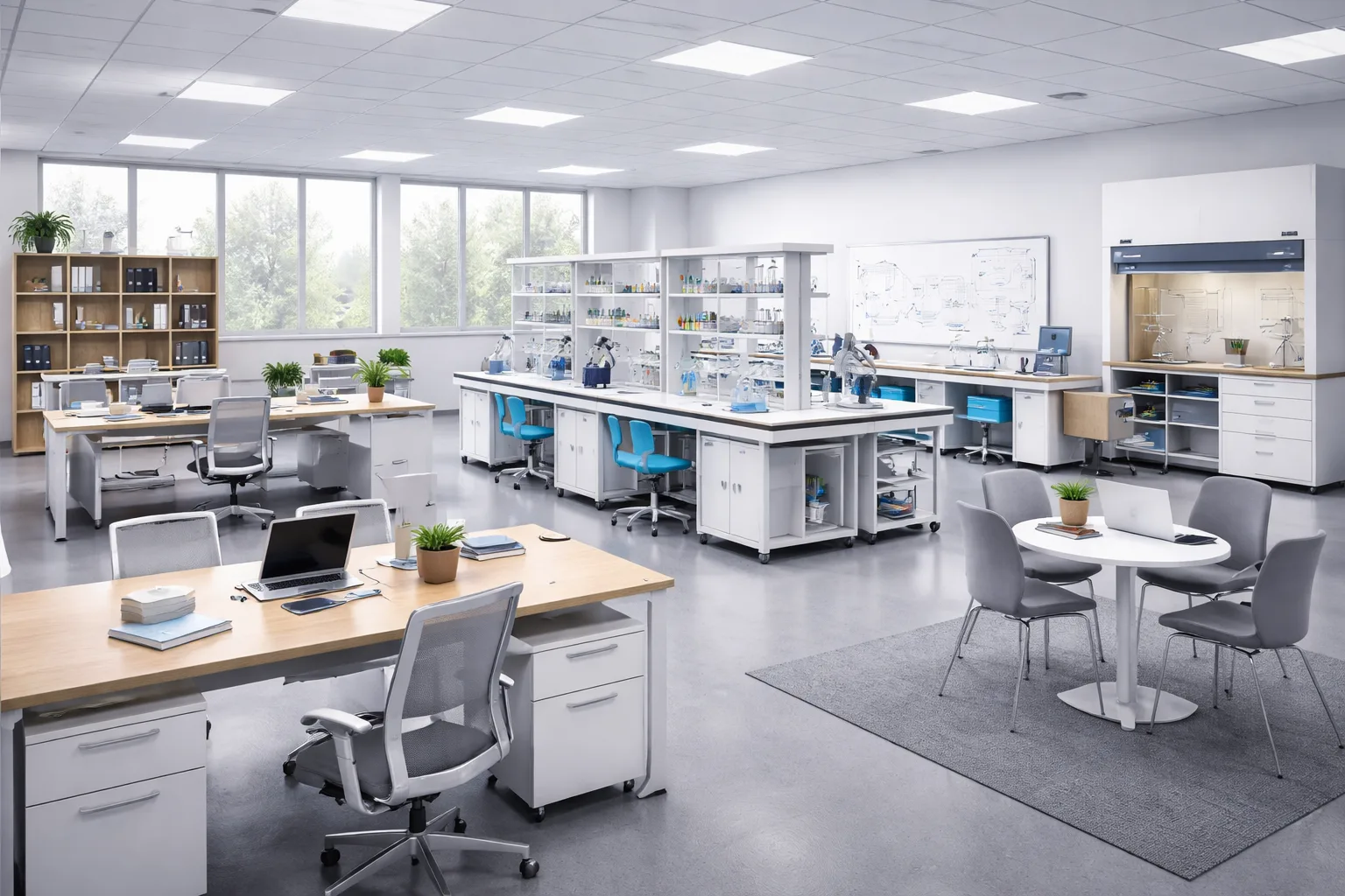 Modern workspace with lab and office