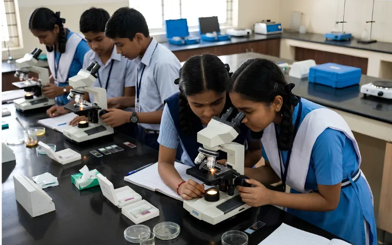 students using microscope in the school lab